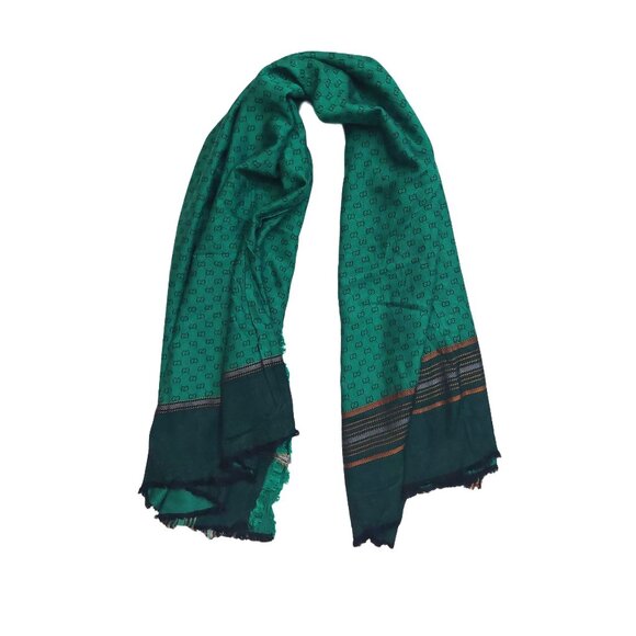 Gucci Vintage Green Dual-Tone Monogram Orange Stripe Reversible Shawl Wrap Scarf - Picture 2 of 15